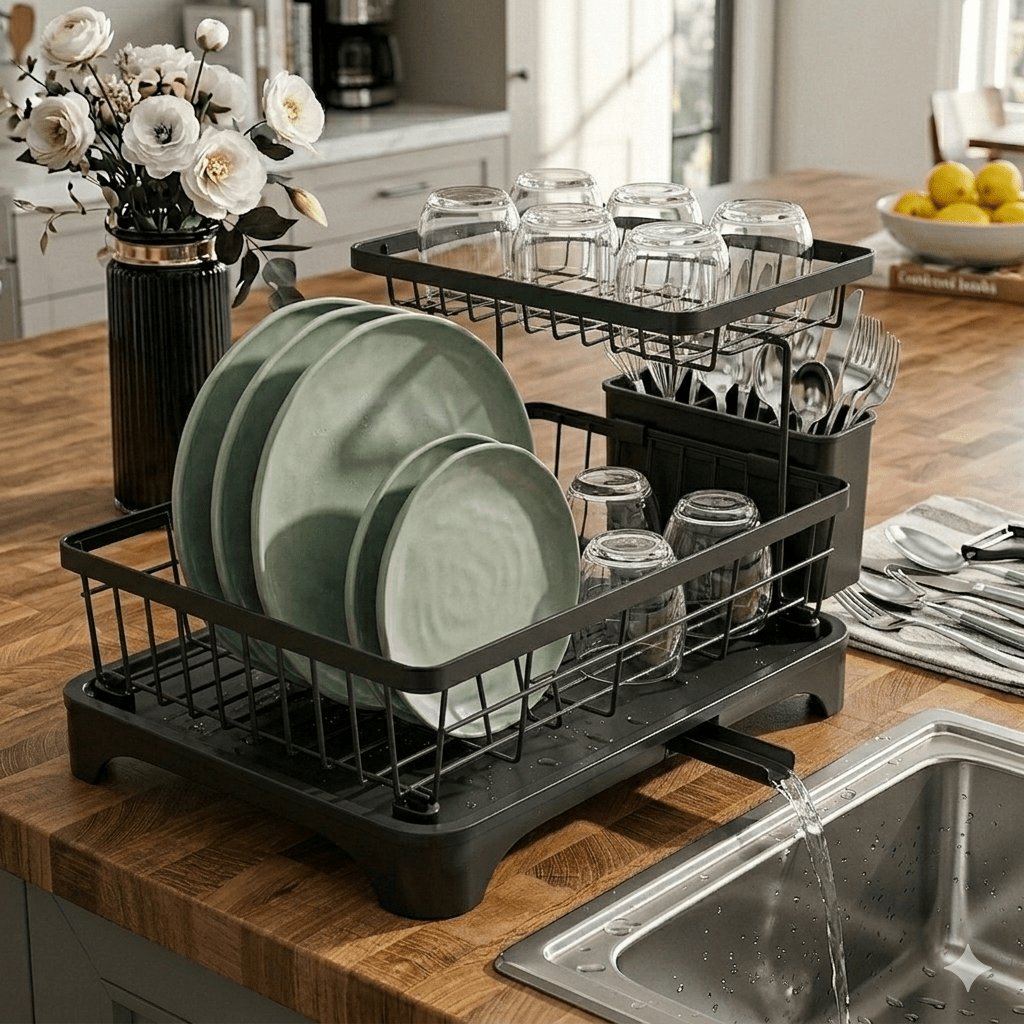 DryLux360™ Dish Drying Rack for Kitchen, 2 Tier Stainless Steel Dish Racks Sink Organizer with Cutlery Holder, Space - Saving for Home, Black PHANCIR - Chefware