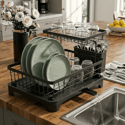 DryLux360™ Dish Drying Rack for Kitchen, 2 Tier Stainless Steel Dish Racks Sink Organizer with Cutlery Holder, Space - Saving for Home, Black PHANCIR - Chefware