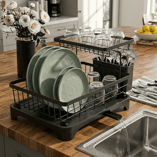 DryLux360™ Dish Drying Rack for Kitchen, 2 Tier Stainless Steel Dish Racks Sink Organizer with Cutlery Holder, Space - Saving for Home, Black PHANCIR - Chefware