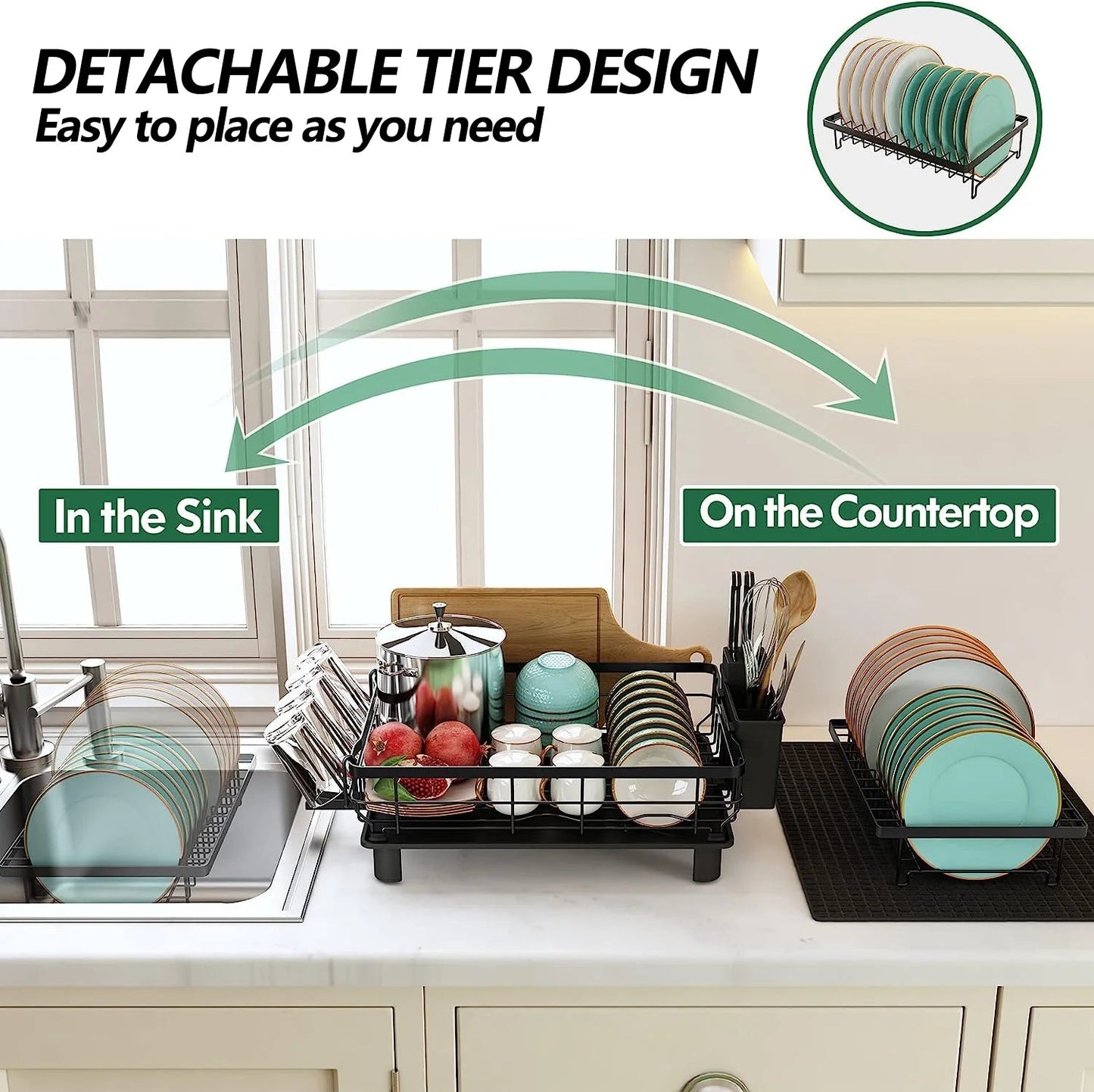 DryLux360™ Dish Drying Rack for Kitchen, 2 Tier Stainless Steel Dish Racks Sink Organizer with Cutlery Holder, Space - Saving for Home, Black PHANCIR - Chefware