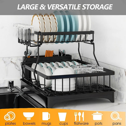 DryLux360™ Dish Drying Rack for Kitchen, 2 Tier Stainless Steel Dish Racks Sink Organizer with Cutlery Holder, Space - Saving for Home, Black PHANCIR - Chefware