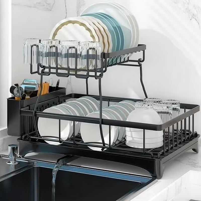 DryLux360™ Dish Drying Rack for Kitchen, 2 Tier Stainless Steel Dish Racks Sink Organizer with Cutlery Holder, Space - Saving for Home, Black PHANCIR - Chefware