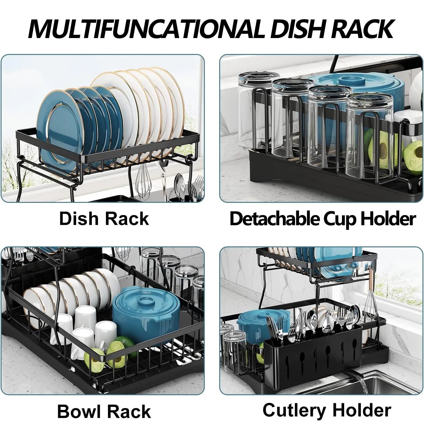 DryLux360™ Dish Drying Rack for Kitchen, 2 Tier Stainless Steel Dish Racks Sink Organizer with Cutlery Holder, Space - Saving for Home, Black PHANCIR - Chefware