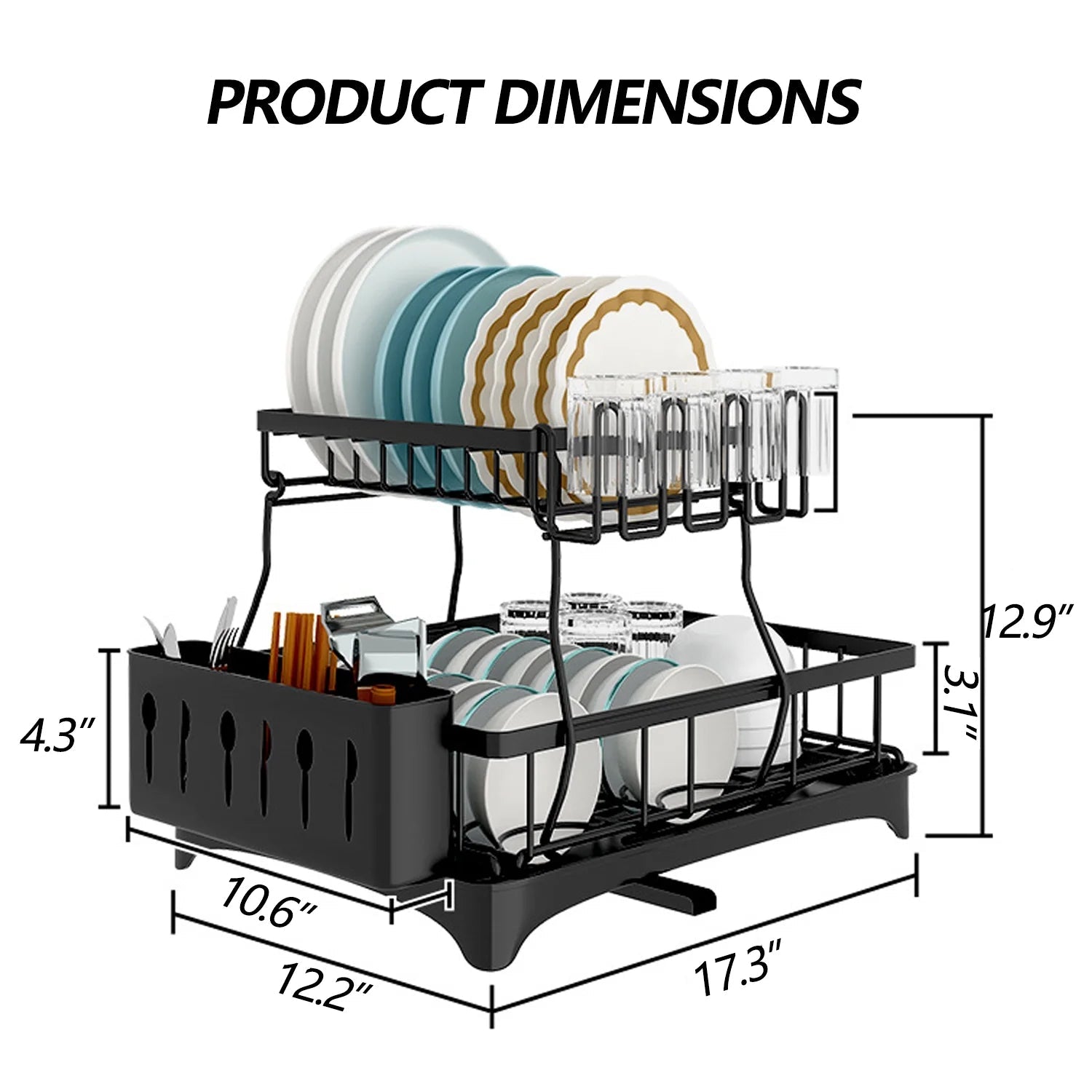 DryLux360™ Dish Drying Rack for Kitchen, 2 Tier Stainless Steel Dish Racks Sink Organizer with Cutlery Holder, Space - Saving for Home, Black PHANCIR - Chefware