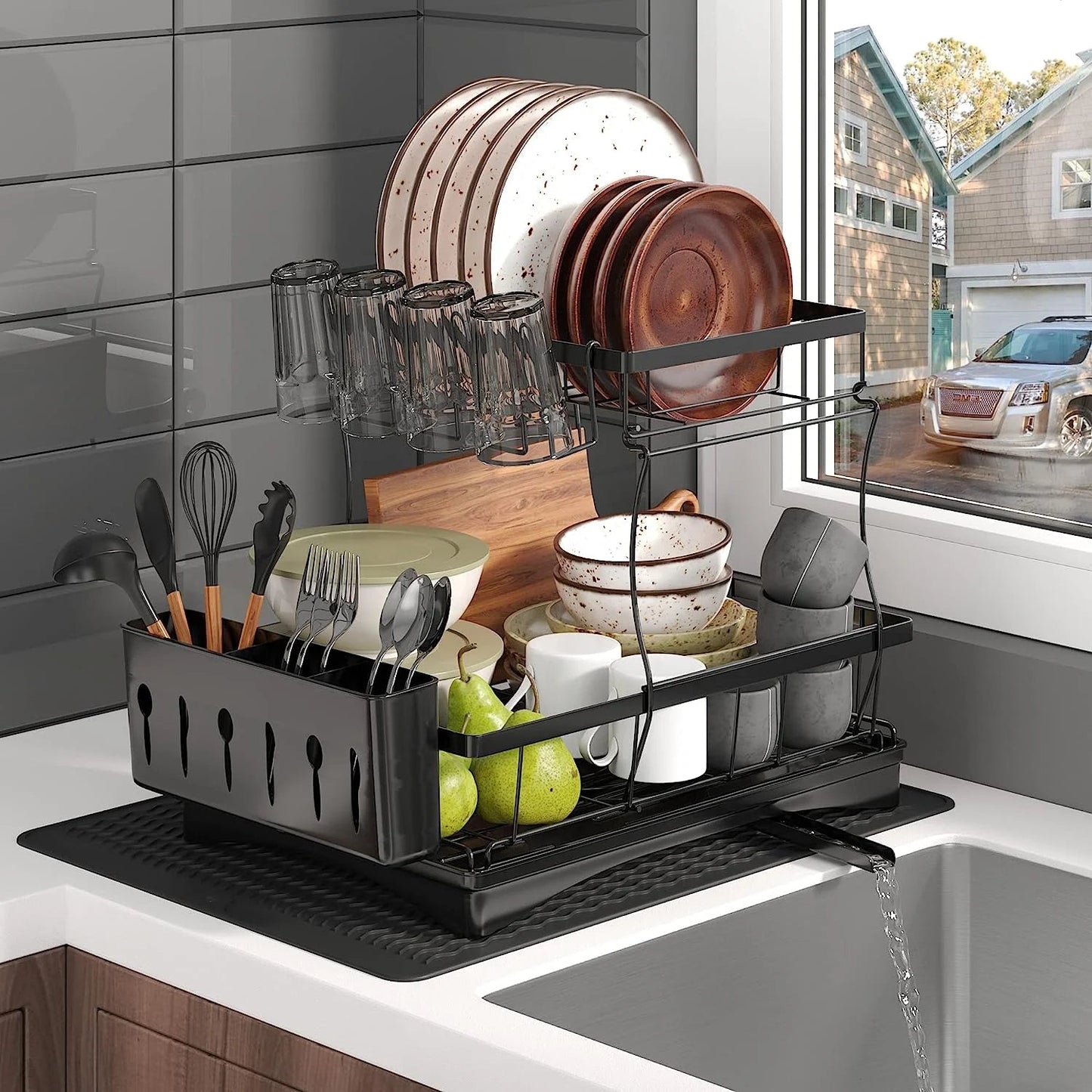 DryLux360™ Dish Drying Rack for Kitchen, 2 Tier Stainless Steel Dish Racks Sink Organizer with Cutlery Holder, Space - Saving for Home, Black PHANCIR - Chefware