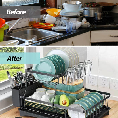 DryLux360™ Dish Drying Rack for Kitchen, 2 Tier Stainless Steel Dish Racks Sink Organizer with Cutlery Holder, Space - Saving for Home, Black PHANCIR - Chefware
